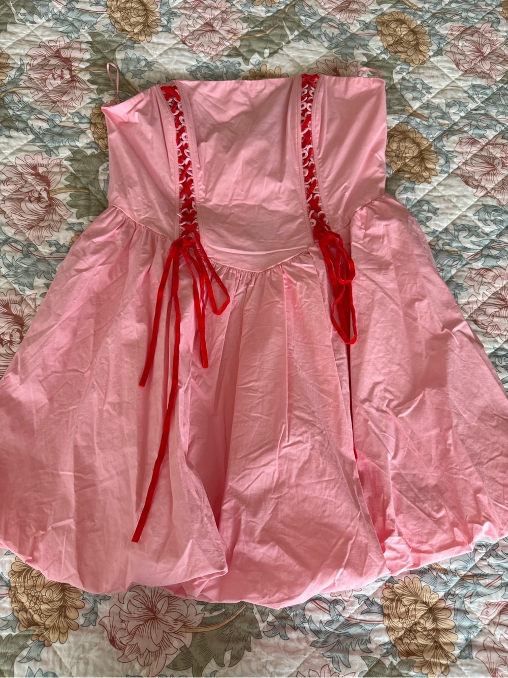 Sweet Pink Strapless Party Dress with Red Ribbon Accents